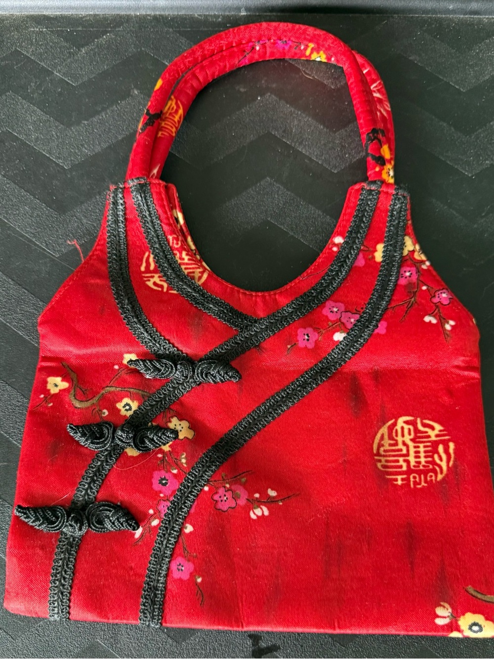 Red Floral Satin Mini Handbag with Mandarin-Style Trim